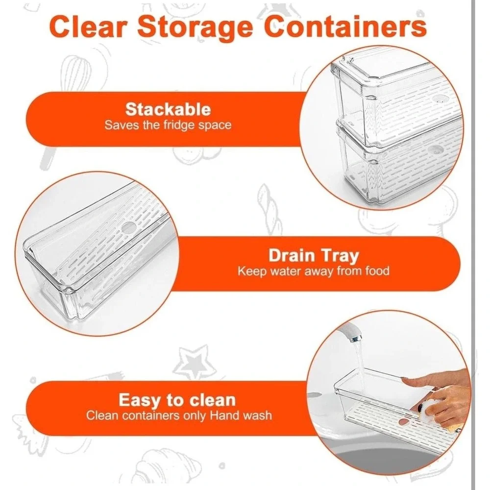 Pure Future 3 Pack Stackable Fridge Organizer Bins with Lids and Removable Drain